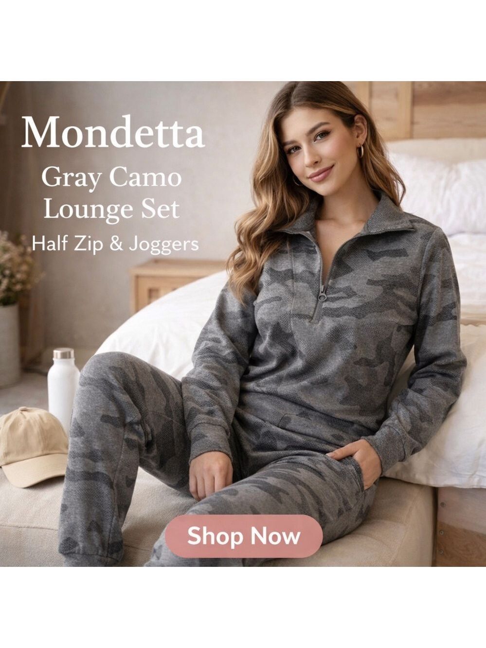 Mondetta Gray Camo Lounge Set Half Zip Pullover & Joggers Size Small Athleisure